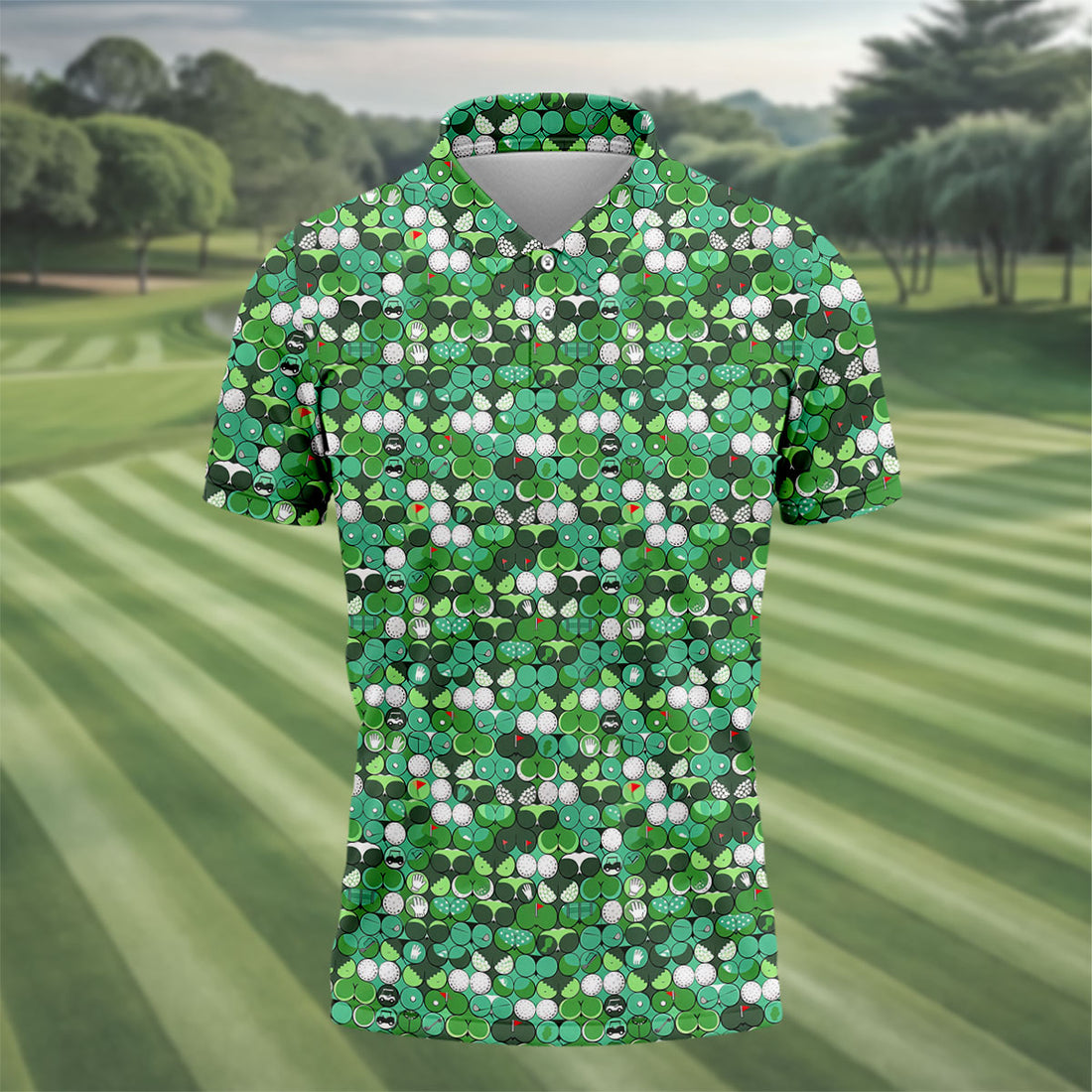 Green Golf Ball And Flag Pattern Golf Shirt, Golf Shirts For Men, Men's Golf Shirt, Polo Shirts For Men