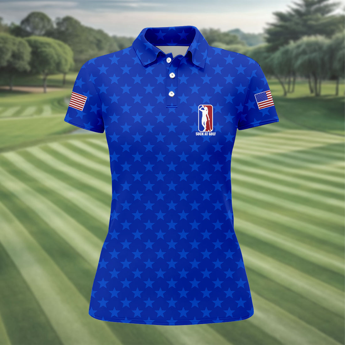 Suck At Golf Patriotic 4th Of July Stars Pattern Blue Golf Shirt, 250th Anniversary Golf Shirt For Women