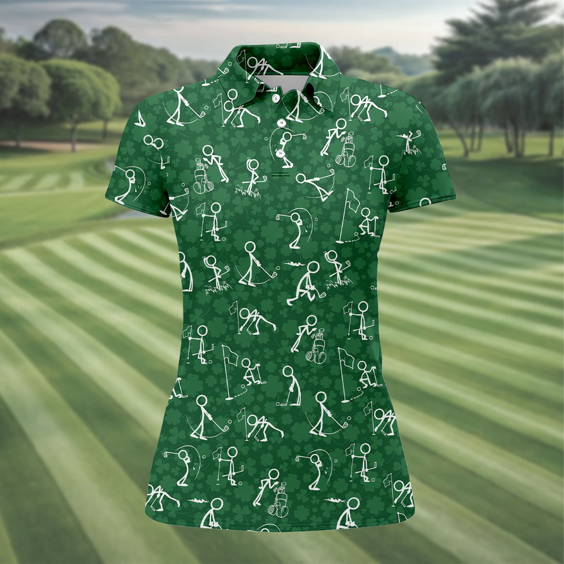 Stick Figure Golf Pose Shamrock Golf Shirt, St Patrick's Day Ladies Golf Polos, Golf Shirt For Women
