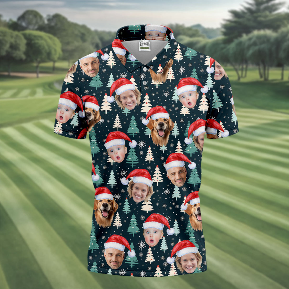 Custom Face Little Pine Tree Snowflake Pattern Christmas Golf Shirt, Polo Shirts For Men, Golf Gift For Men