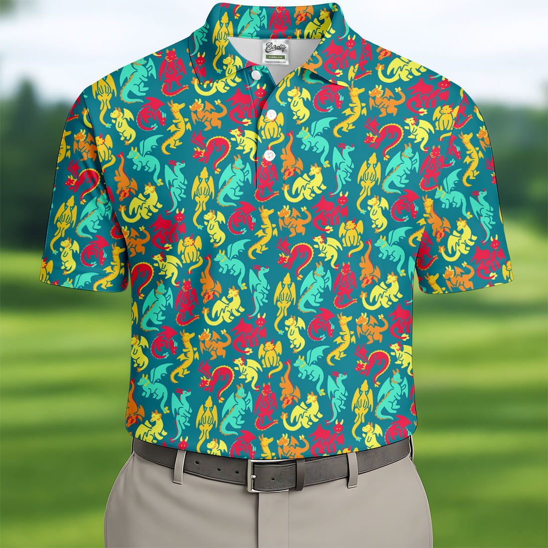Cartoon Dragons Colorful Golf Shirt, Cute Golf Outfit, Polo Shirts For Men, Golf Shirts For Men