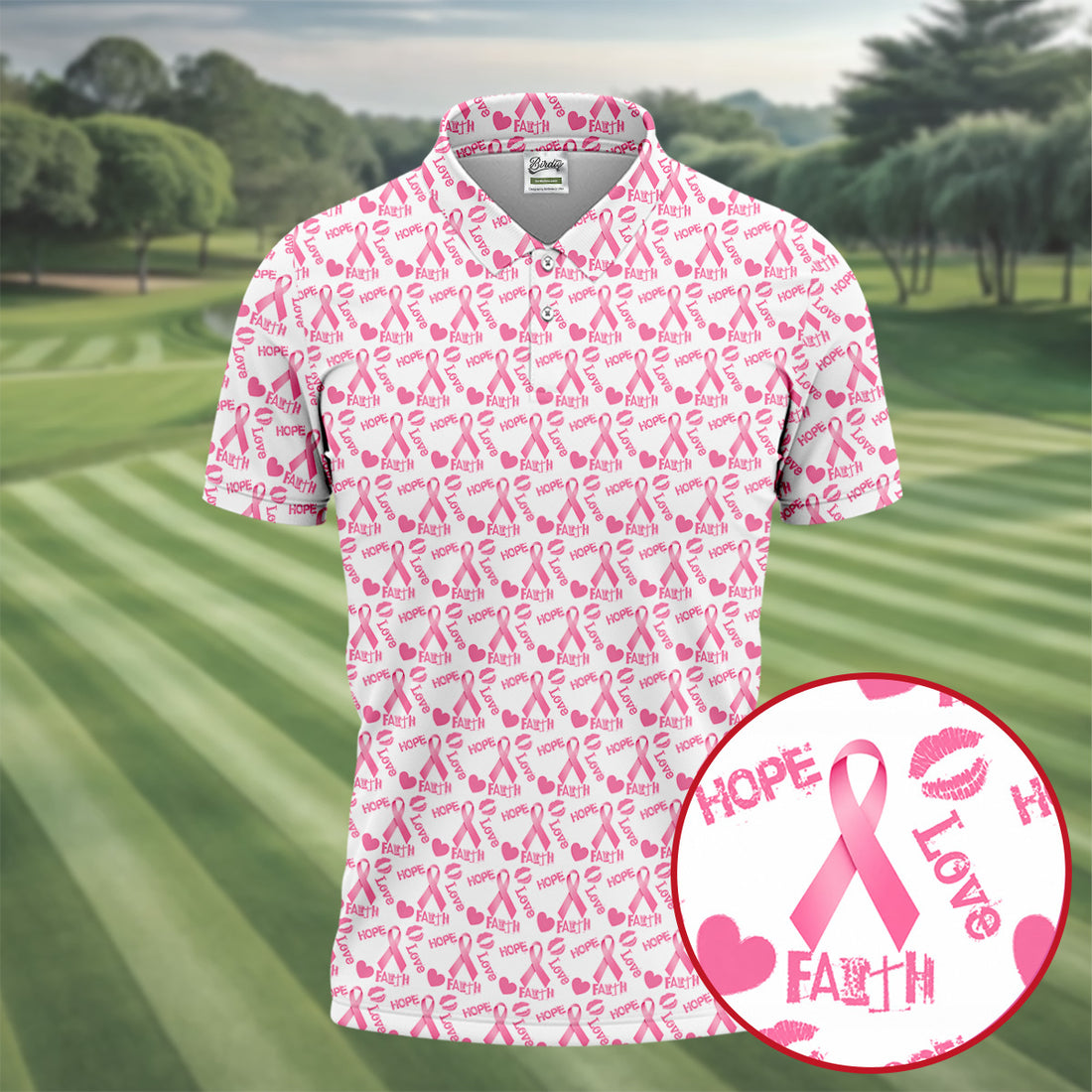 Hope Love Faith Pink Ribbon Breast Cancer Golf Shirt, Men's Golf Shirt, Mens Golf Apparel