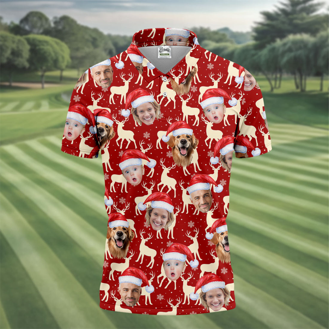 Custom Face Reindeer Pattern Beige And Red Christmas Golf Shirt, Golf Shirts For Men, Golf Gift For Men