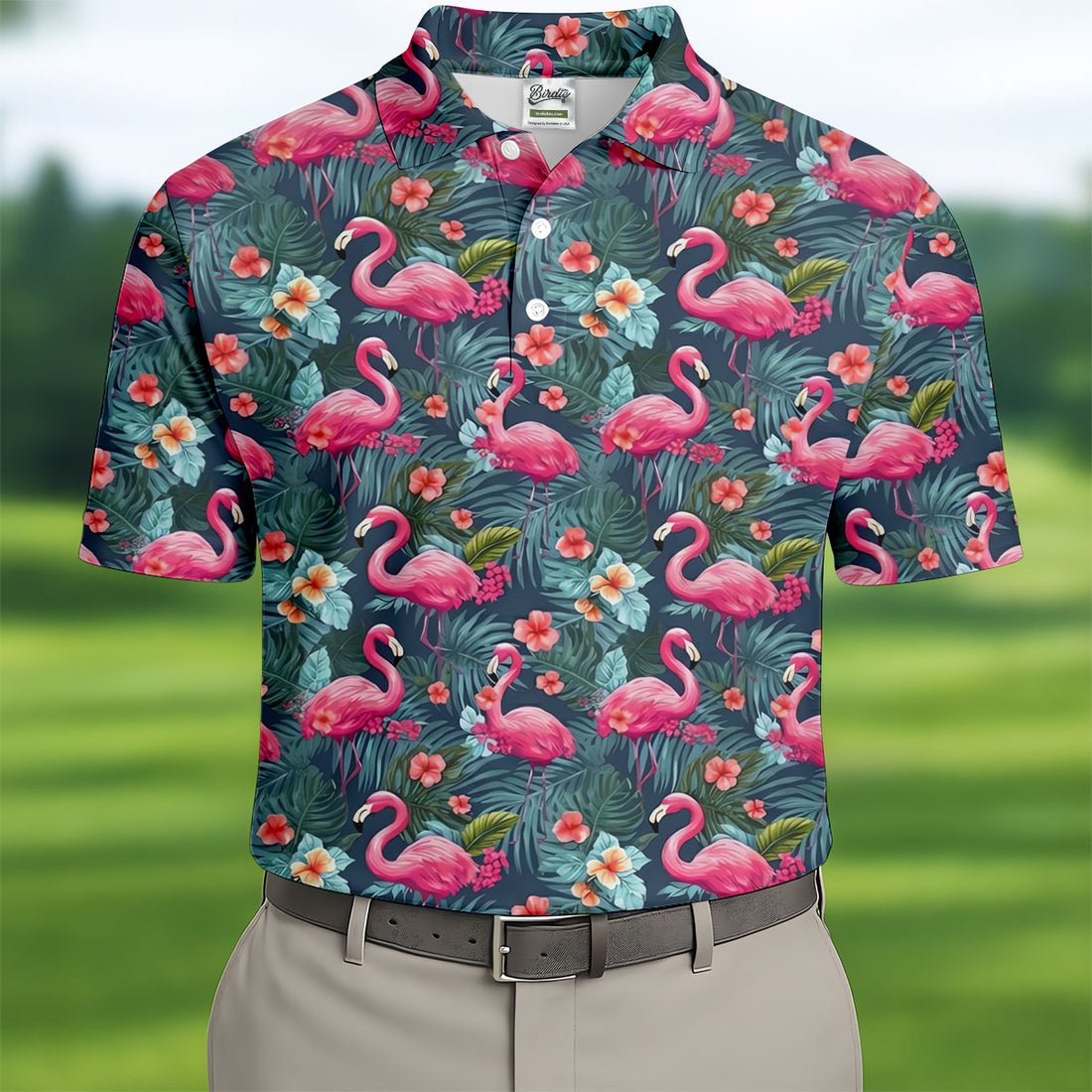 Pink Flamingo Tropical Floral Golf Polo Shirt, Hawaiian Golf Shirt, Golf Shirts For Men