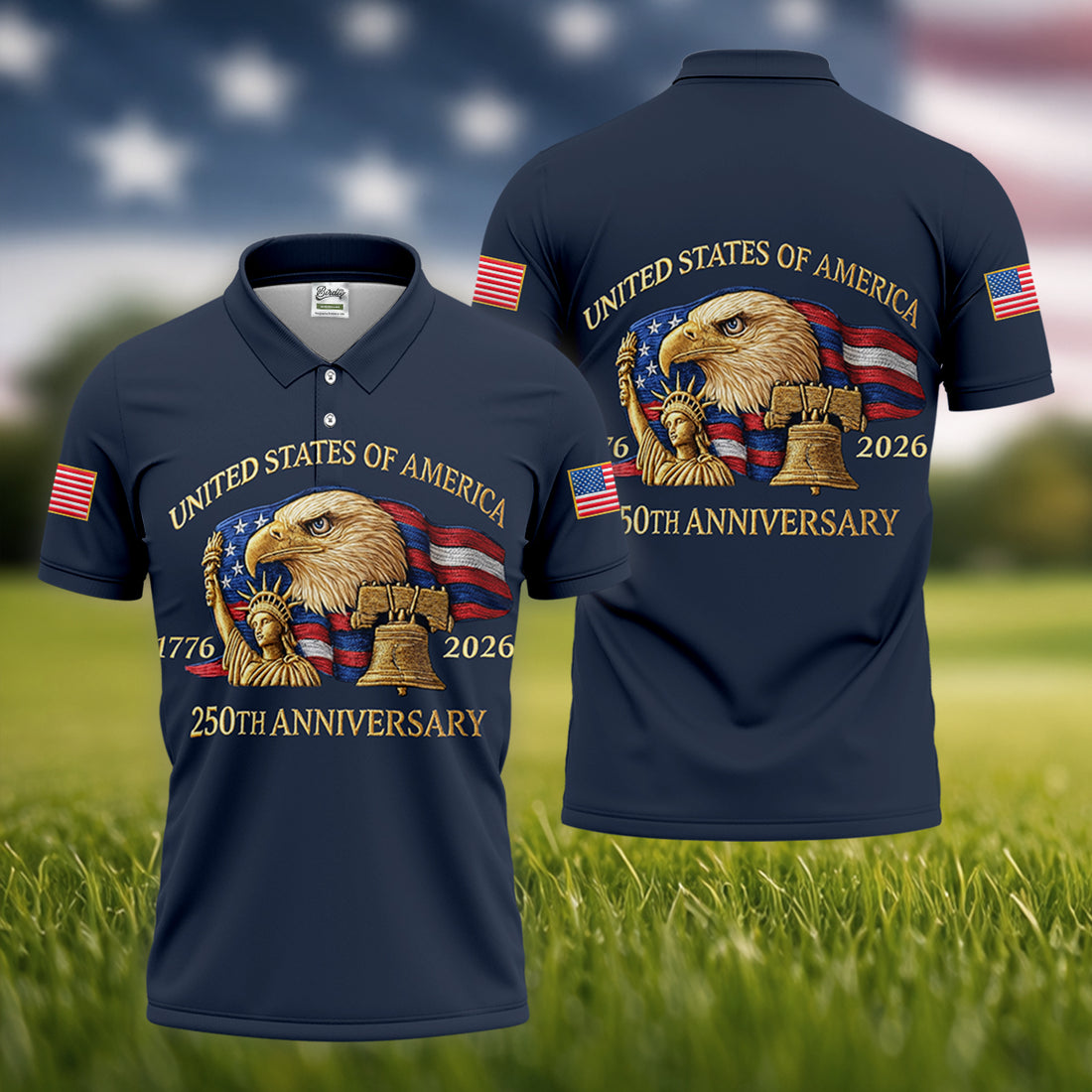 US America 250th Anniversary Patriot Eagle Embroidery Effect Golf Tops For Men, Patriot Golf Shirts For Men