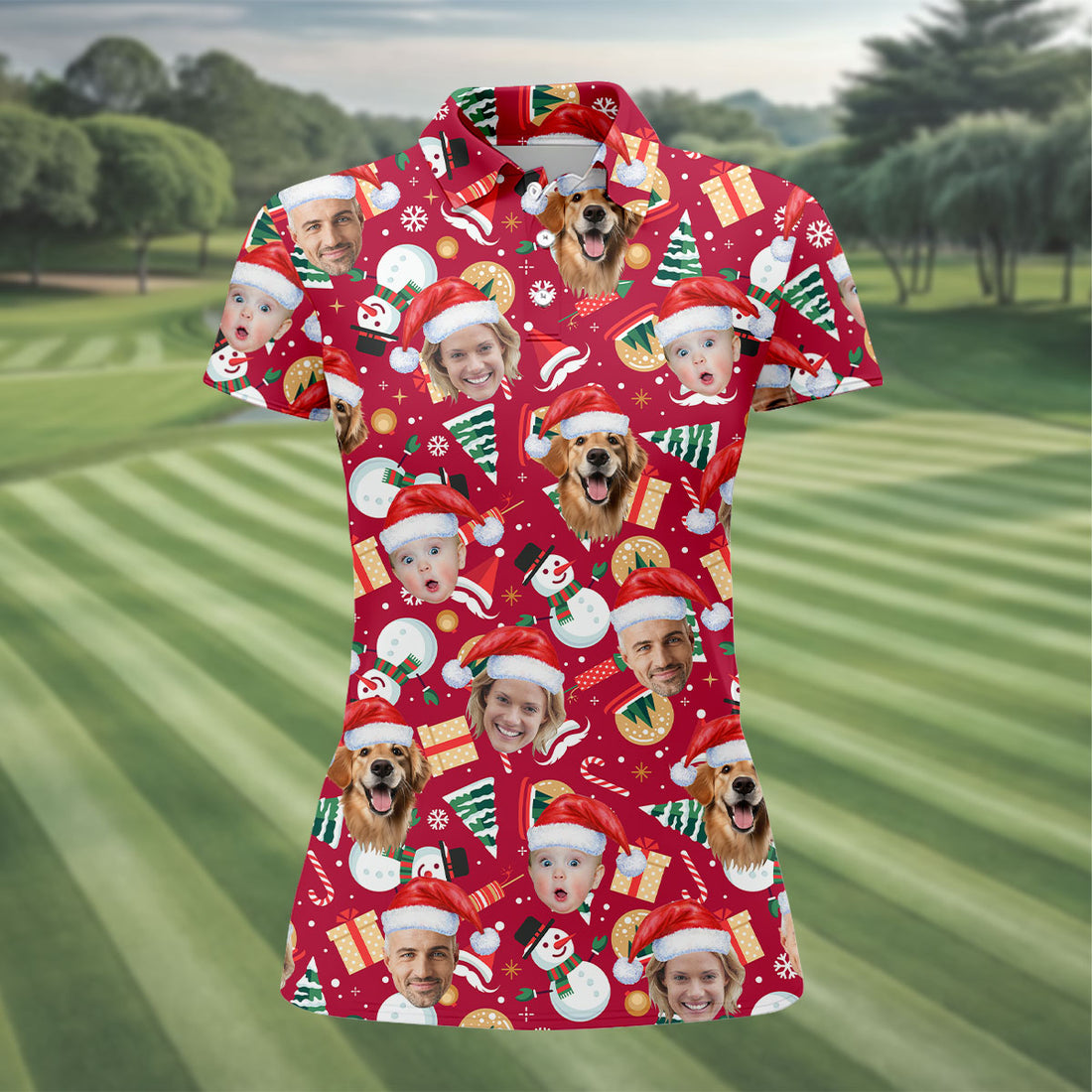 Custom Face Christmas Icons Red Golf Shirt, Christmas Golf Shirt, Ladies Golf Shirts, Golf Gifts For Women