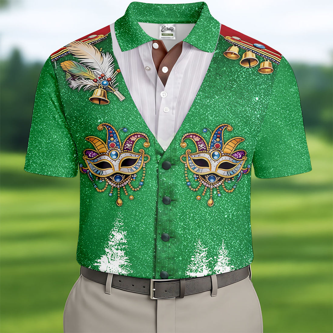 Masquerade Mask Feather Mardi Gras Glitter Print Green Golf Shirt, Polo Shirts For Men, Golf Shirts For Men