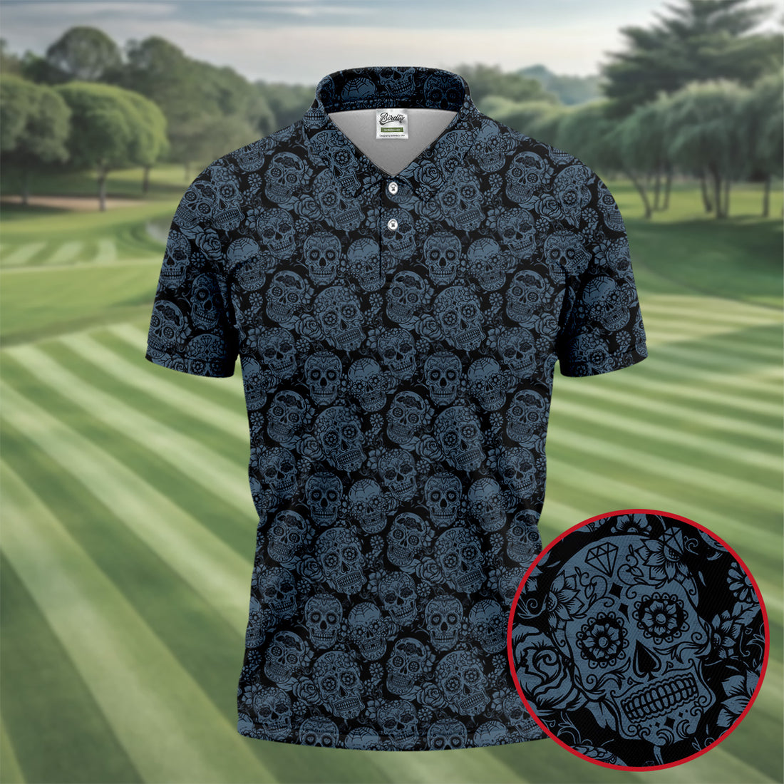 Gothic Sugar Skull Pattern Golf Polo Shirt, Printed Golf Shirts, Golf Polo Shirts For Men
