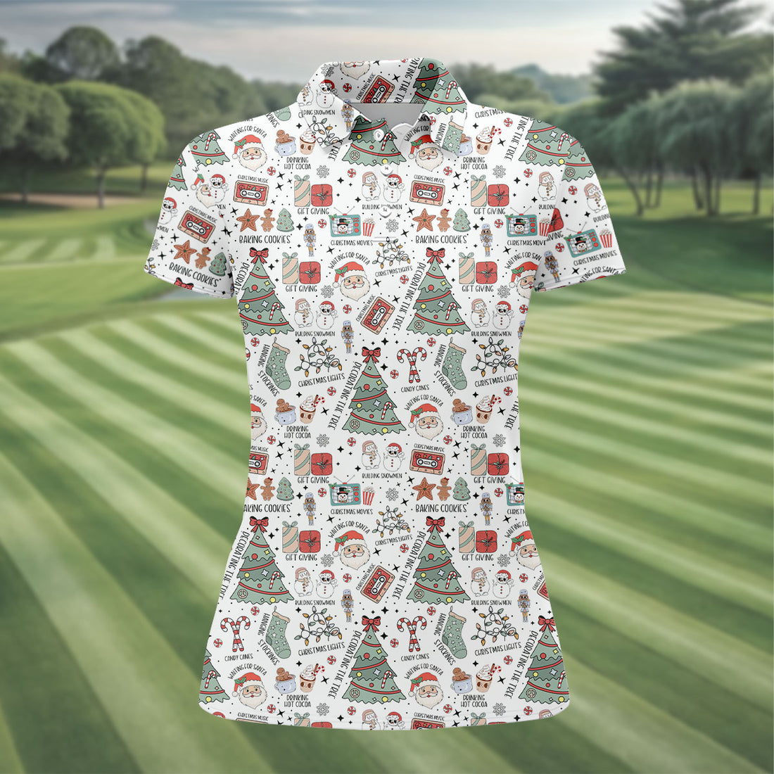 Cute Santa Claus Gift White Women's Golf Tops, Christmas Golf Shirt, Golf Gift For Ladies