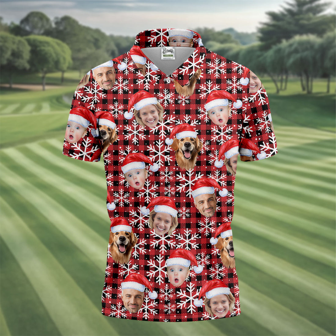 Custom Face Red And Black Checkered Christmas Golf Shirt, Polo Shirts For Men, Golf Gift For Men