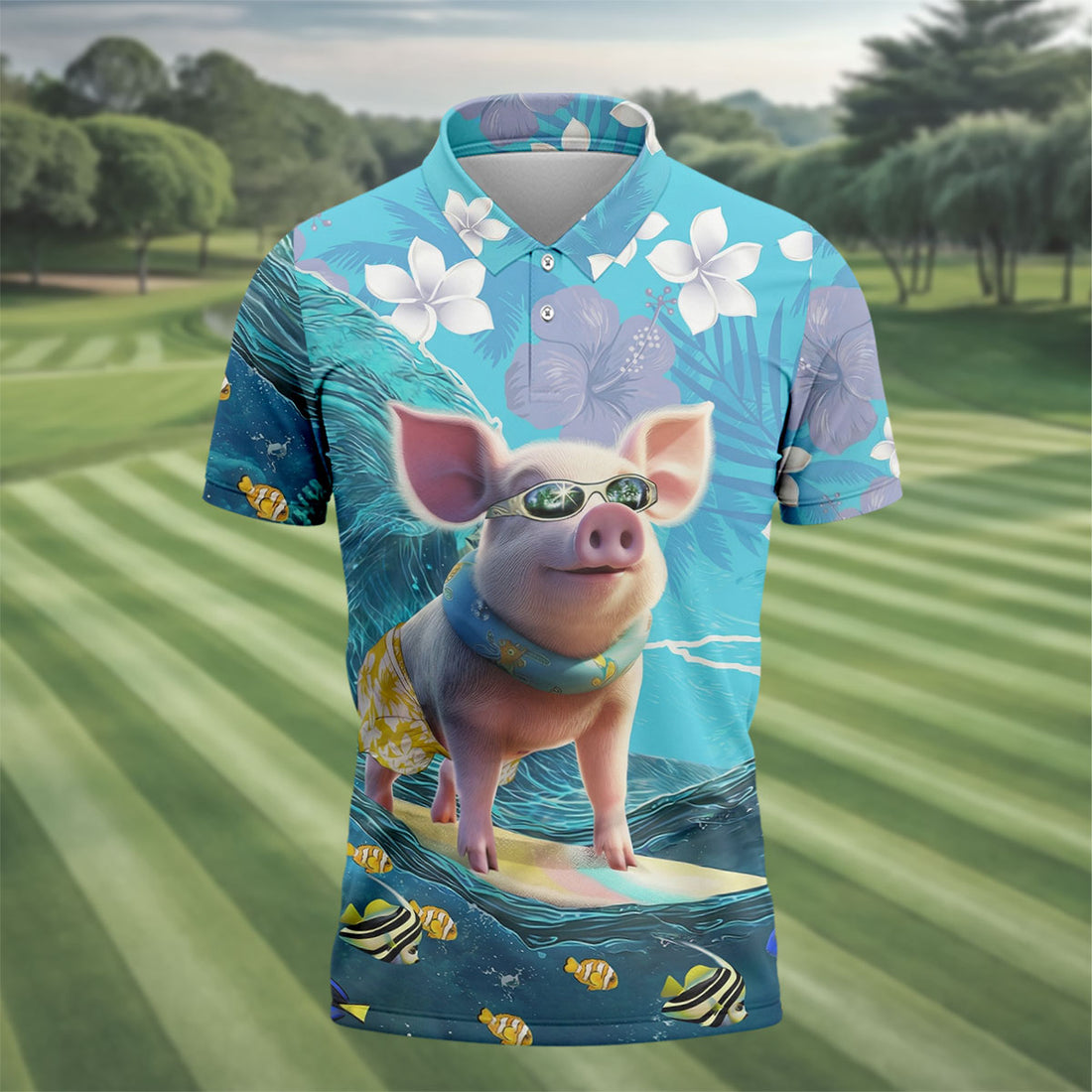 Funny Pig Riding Ocean Waves with Tropical Flowers Hawaiian Golf Polo, Golf Tops For Men, Golfing Apparel