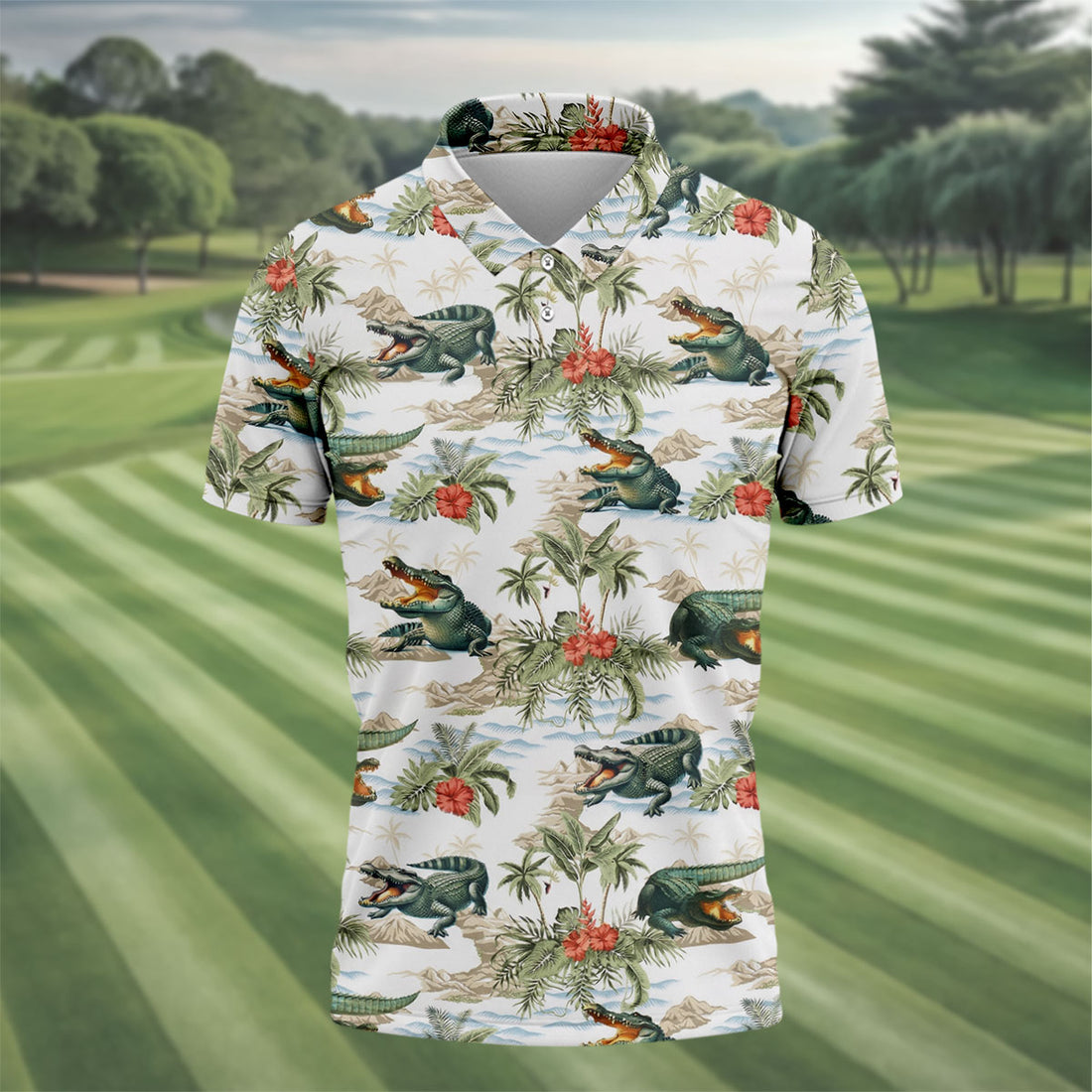 Tropical Coastal Alligator and Hibiscus Pattern Hawaiian Golf Polo, Golf Tops For Men, Golfing Apparel