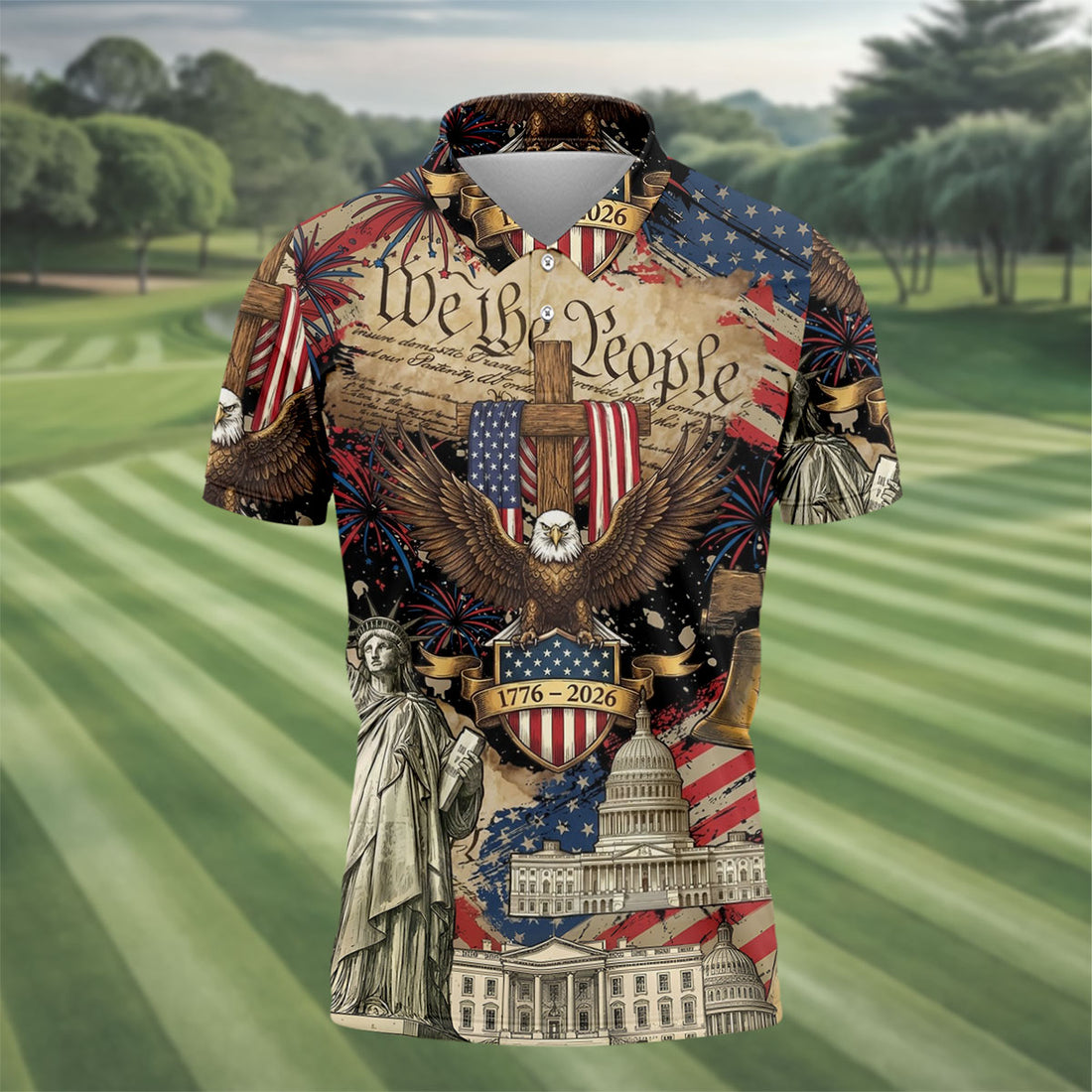 Patriotic Eagle Statue Of Liberty We The People 250 Years Golf Tops For Men, 4th Of July Golf Shirts For Men