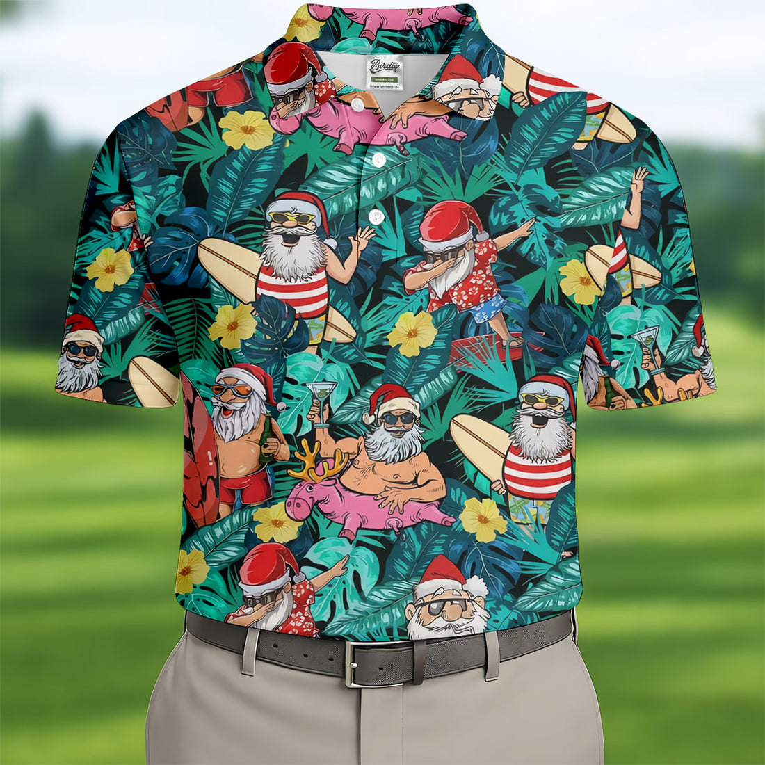 Men's Funny Santa Pool Float Golf Shirt, Christmas Golf Shirt, Golf Apparel For Men
