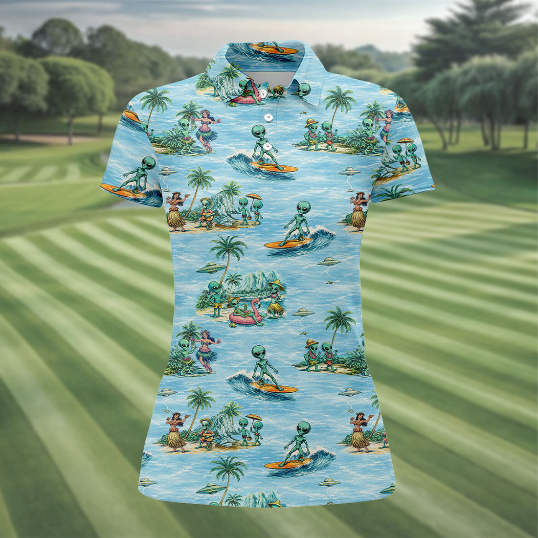 Green Alien Riding Waves on Tropical Island Beach Hawaiian Golf Polo, Golf Tops For Women, Golfing Apparel