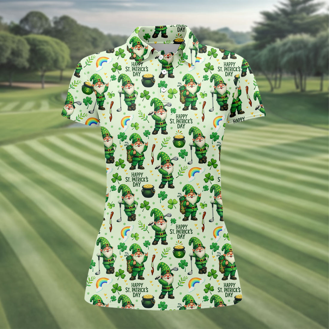 Happy St Patrick's Day Gnome Shamrock Golf Shirt, Funny Golf Shirts Women, Ladies Golf Polos