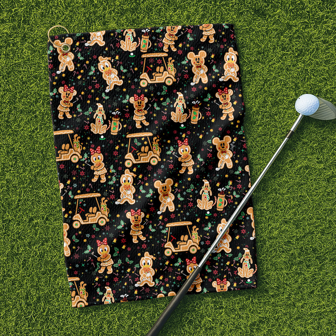 Cartoon Gingerbread Black Golf Towel, Unique Gift For Golfer, Christmas Golf Gift, Golf Accessories