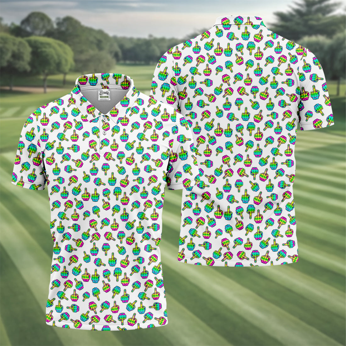 Neon Middle Finger Men Fun Golf Shirts, White Golf Polo, Cool Golf Gifts, Golfing Apparel