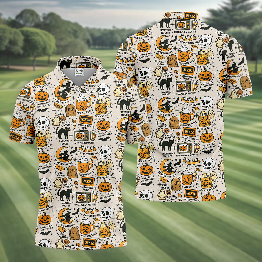 Spooky Witches, Spooky Cat, Cute Halloween T-Shirts, Mens Golf Polo Shirts, Golfing Apparel