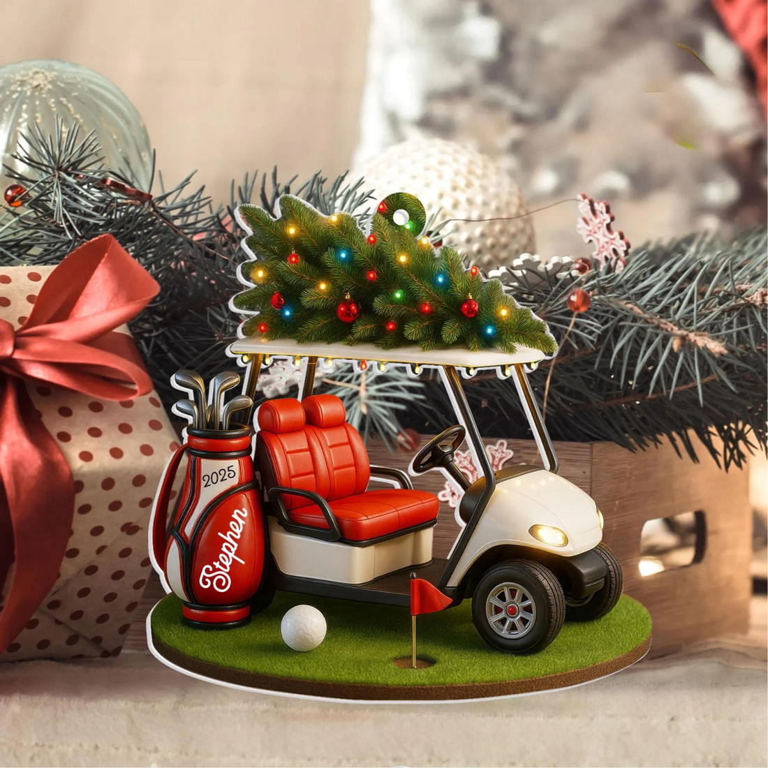 Red Golf Cart Acrylic Ornament, Golf Christmas Ornaments, Christmas Golf Gift, Golf Decor
