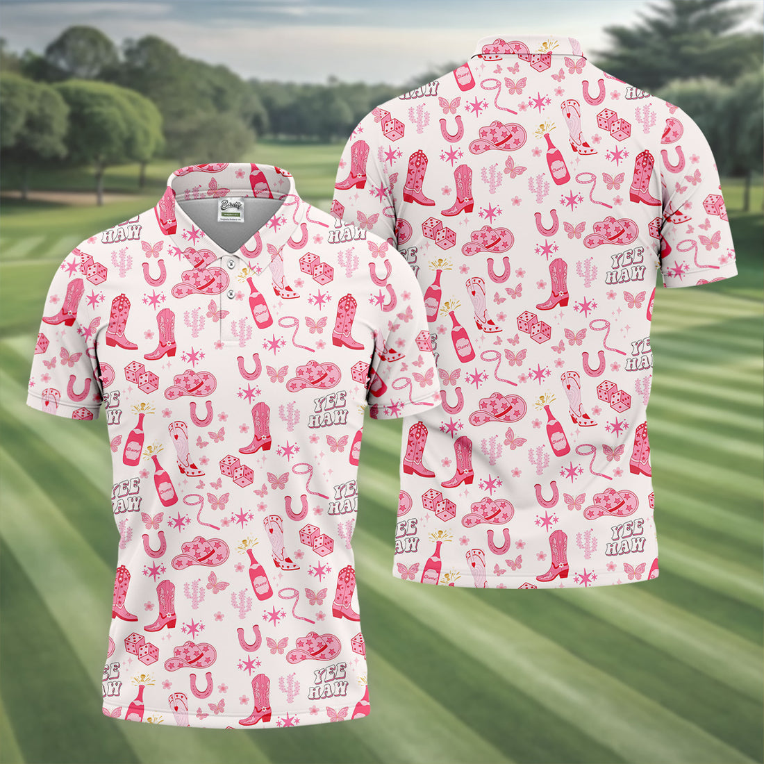 Yee Haw Cowgirl Pink Golf Polo, Western Golf Shirt, Fun Golf Shirts For Men, Golfing Apparel