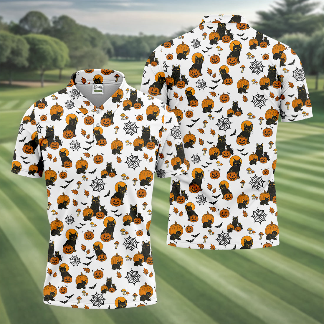 Halloween Cat Pumpkin Men Polo, Fun Golf Shirts For Men, Cool Golf Gifts, Golfing Apparel
