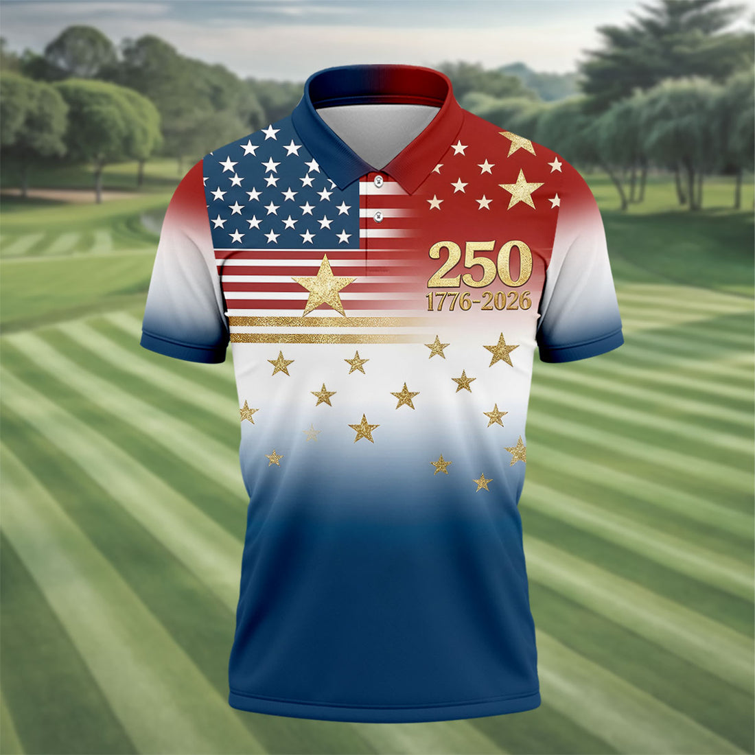 250 Years 1776-2026 Golden Star Golf Shirts For Men, Patriotic 4th Of July Polo Shirts For Men