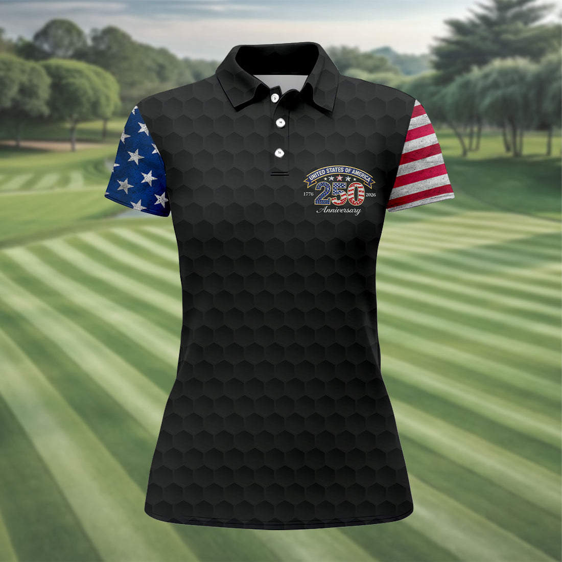 250th Anniversary Golf Ball Pattern Black Golf Shirt, Patriotic 4th Of July Golf Shirt, Golf Shirt For Women