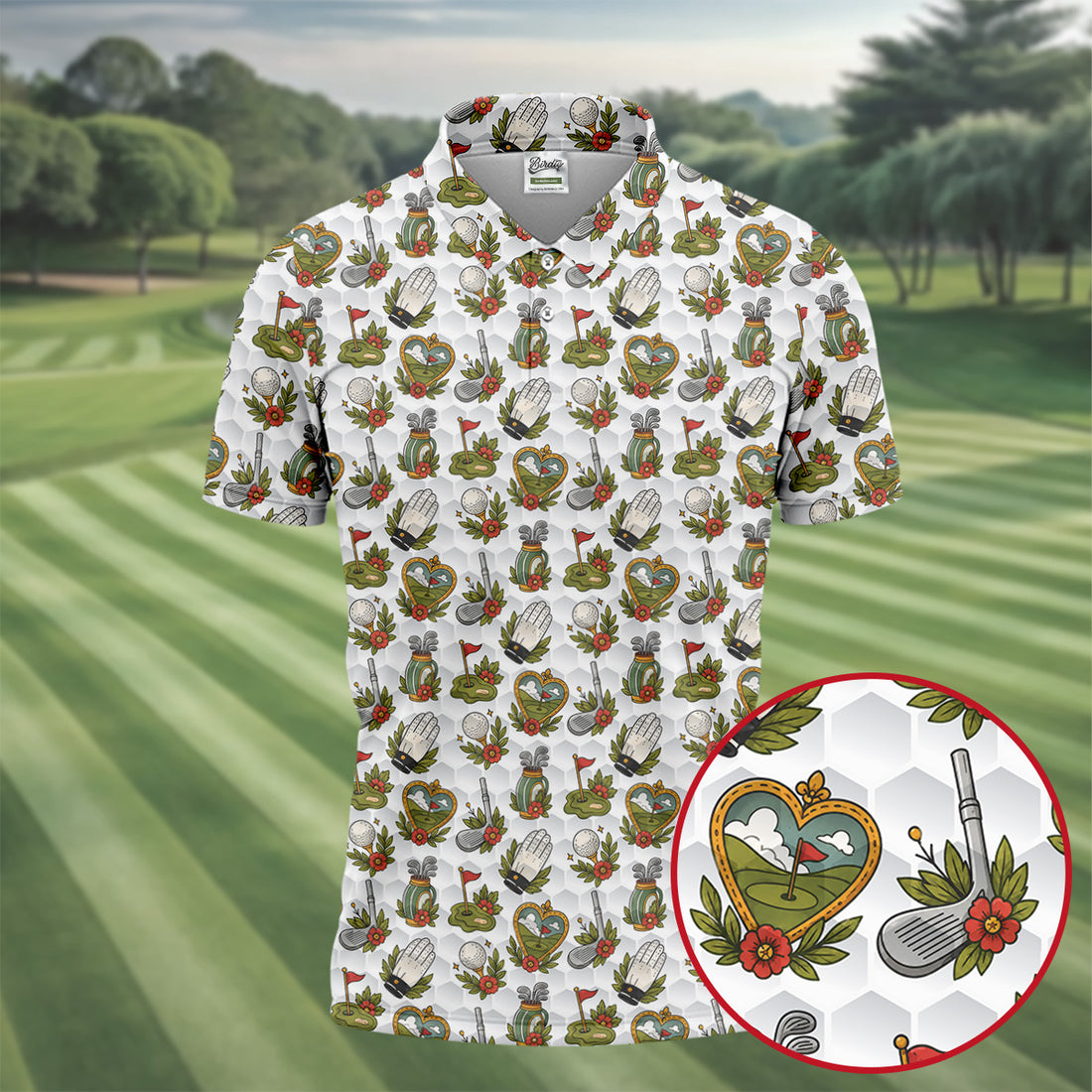 Floral Golf Club Pattern White Hawaiian Golf Shirt, Men's Golf Shirt, Golf Apparel For Men