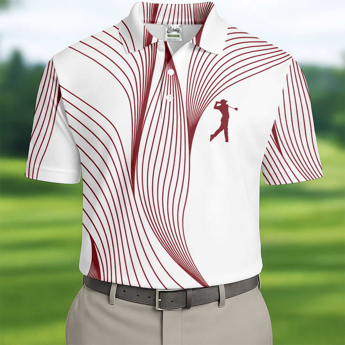 Geometric Line Wavy Line Maroon And White Golf Shirts For Men, Men's Golf Shirt, Polo Shirts For Men