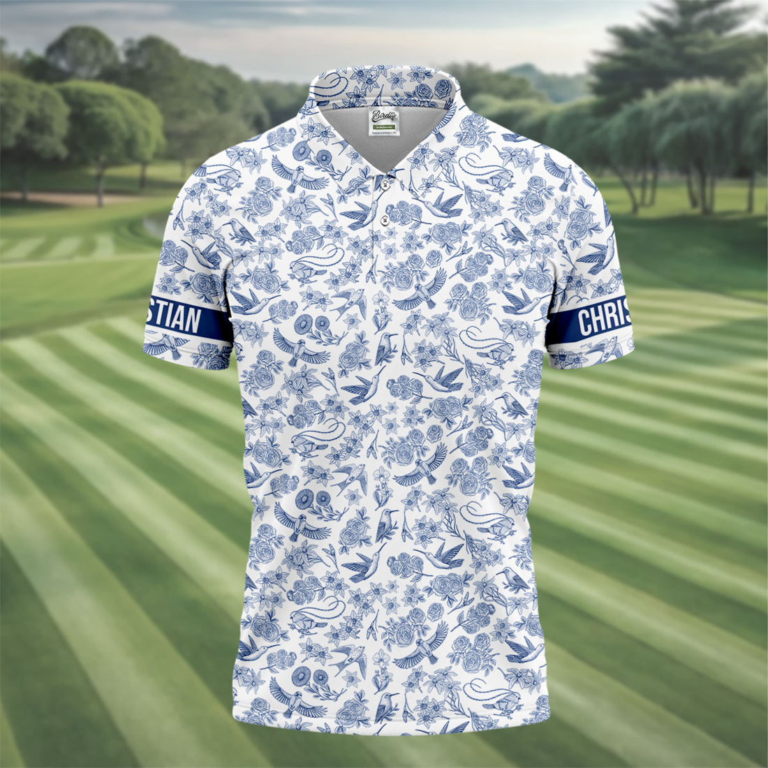 Custom Name Toile de Jouy Birds And Flowers Blue Golf Shirt, Polo Shirts For Men, Golf Gift For Men