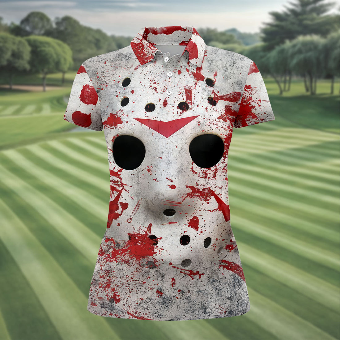 Creepy Horror Face Women's Golf Tops, Horror Cosplay Ladies Golf Polos, Halloween Golf Shirt