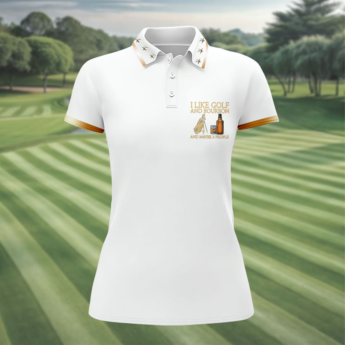 I Like Golf And Bourbon White Golf Shirt, Fun Women's Golf Shirts, Golf And Whiskey Ladies Golf Shirts