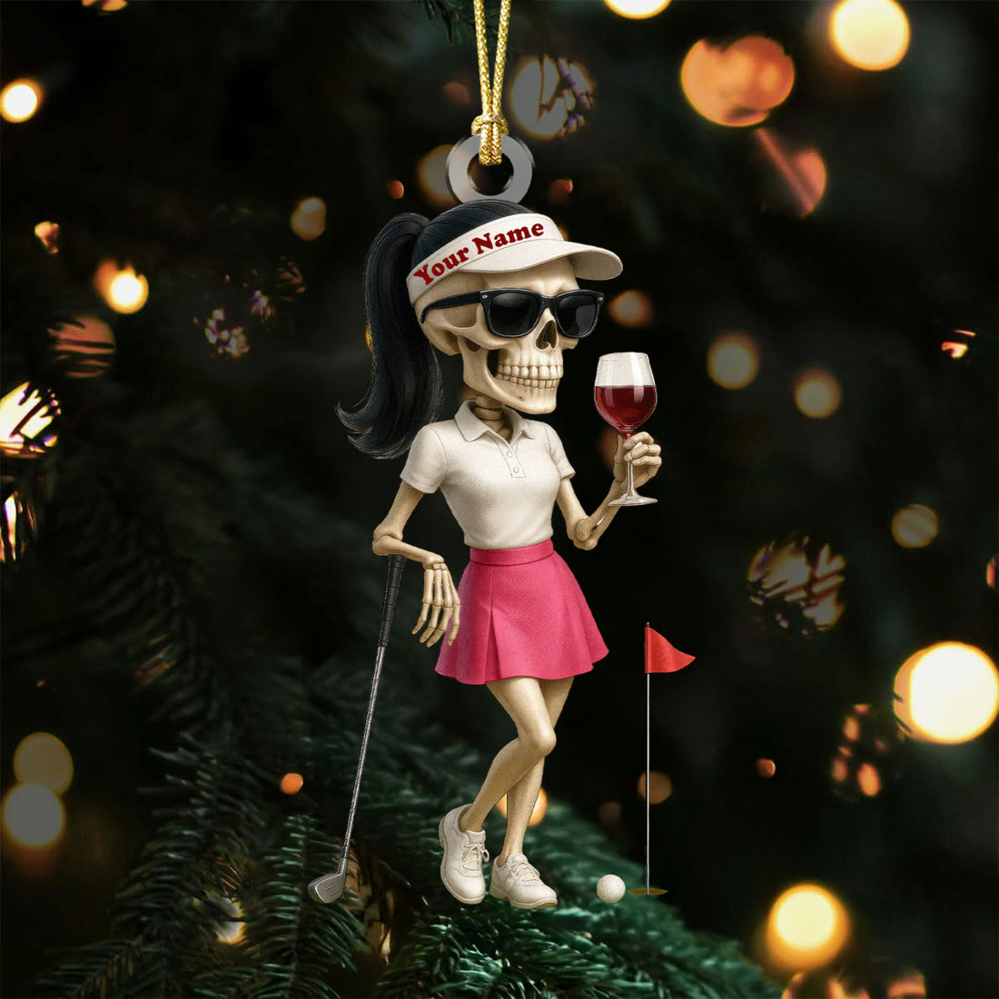 Female Skeleton Golfer Golf Wine Acrylic Ornaments, Golf Christmas Gifts, Funny Golf Presents