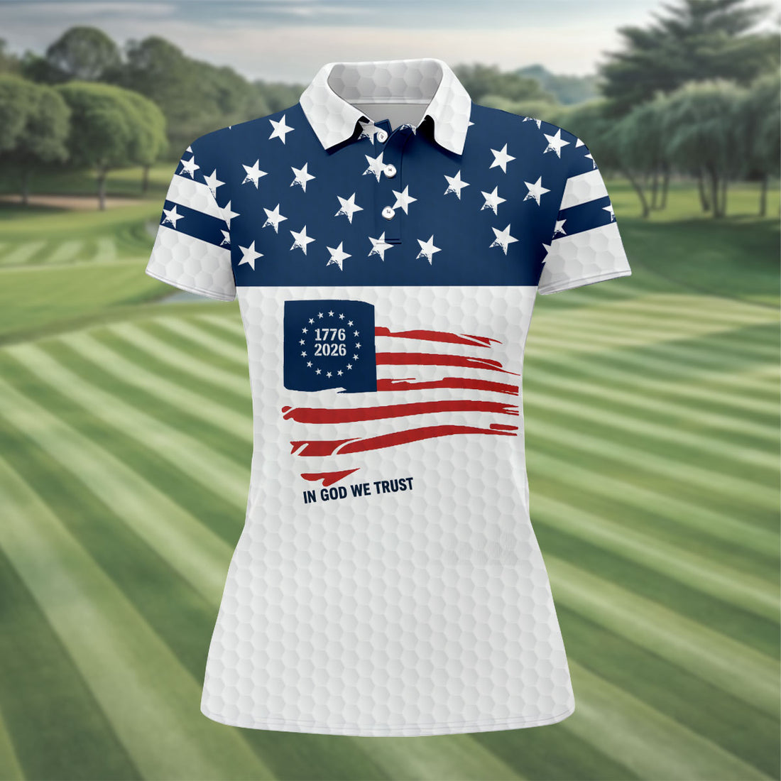 In God We Trust Golf Ball Pattern US Flag Golf Shirt, 250 Years 4th Of July Golf Shirt For Women