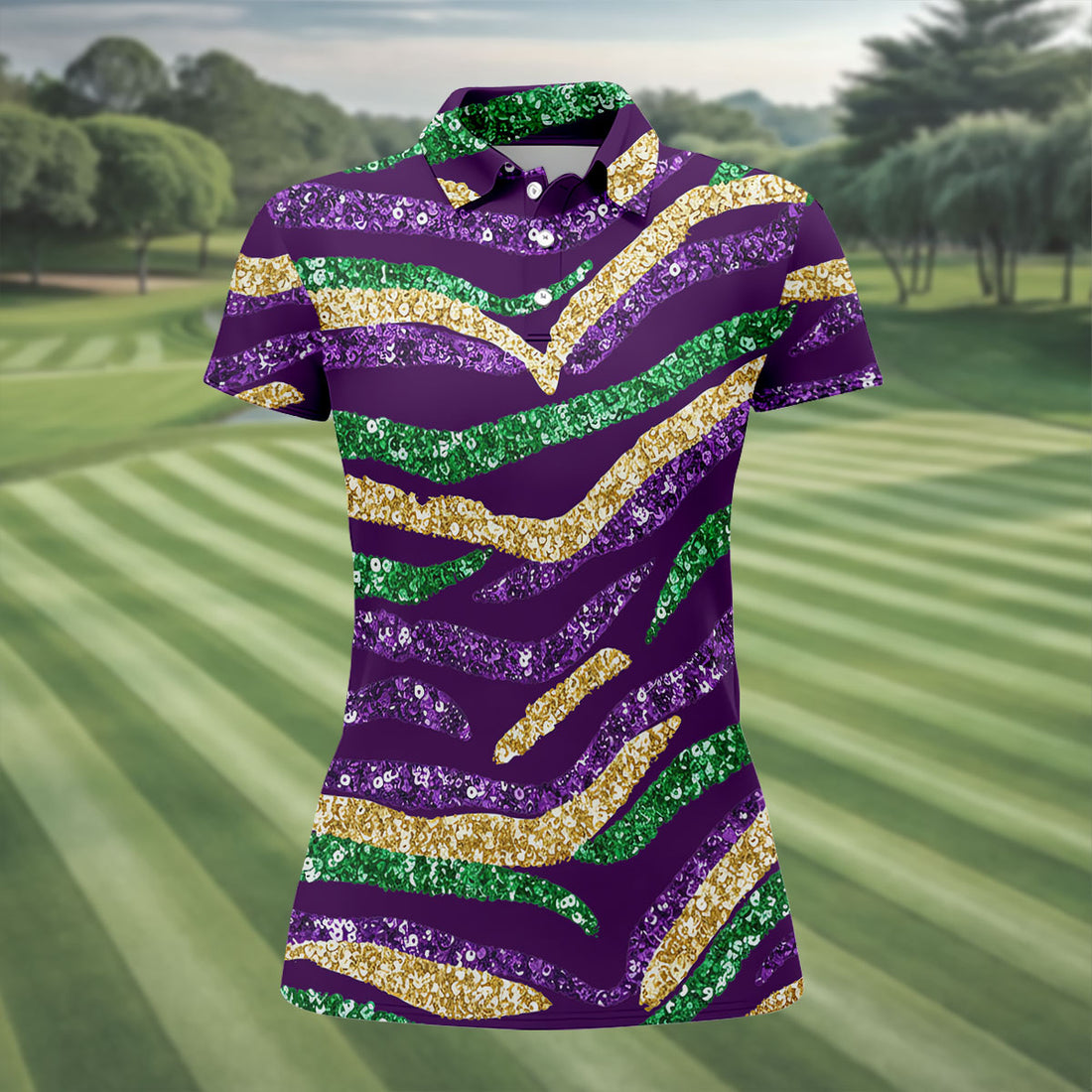 Purple Green Gold Sequin Pattern Purple Golf Shirt, Mardi Gras Golf Shirt, Women's Golf Tops, Ladies Golf Shirts