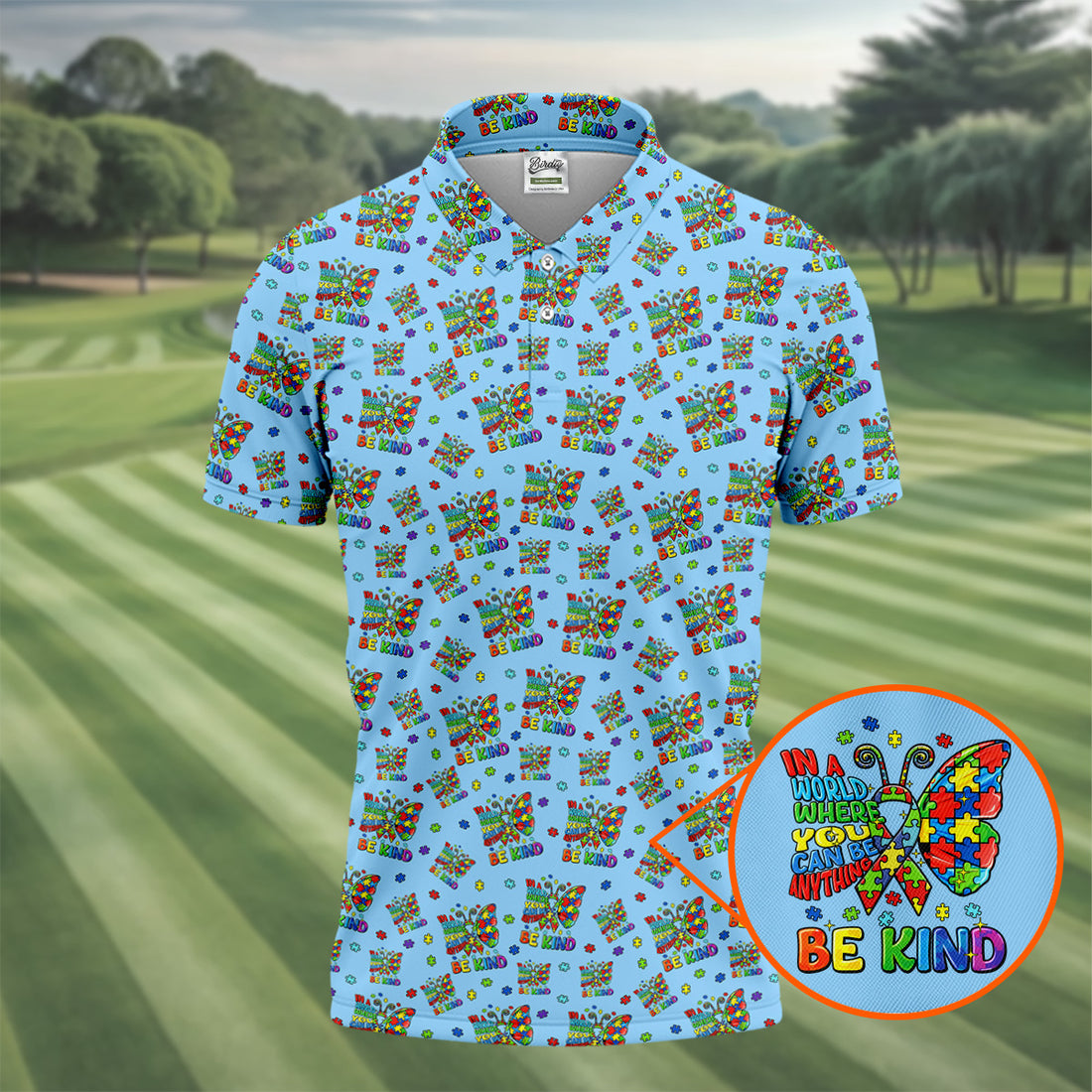 In A World Where You Can Be Anything Be Kind Rainbow Butterfly Autism Awareness Blue Golf Shirt, Golf Shirts For Men