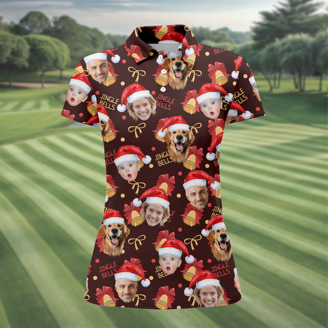Custom Face Christmas Jingle Bells Brown Golf Shirt, Christmas Golf Shirt, Golf Gifts For Women