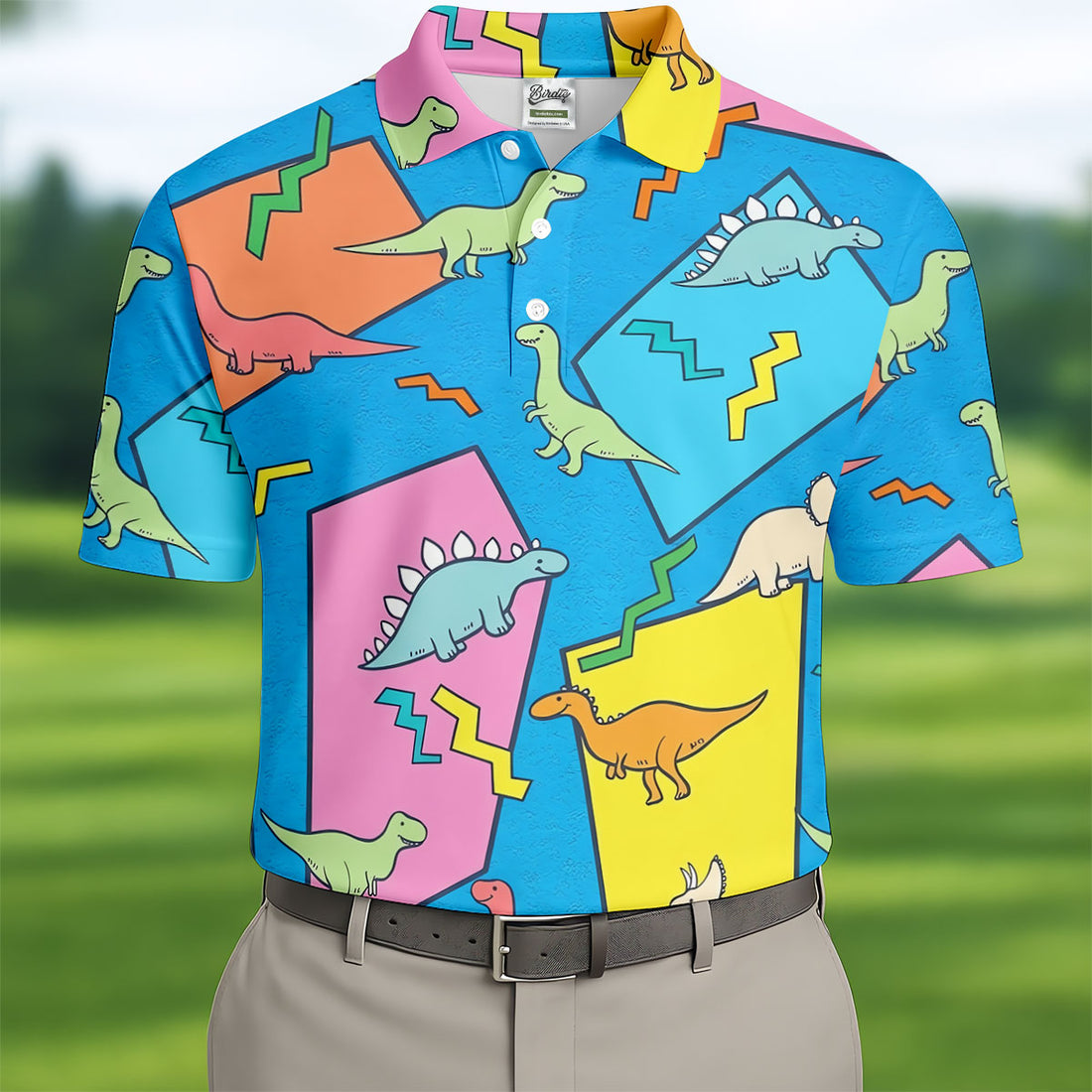 Retro Colorful Dinosaur Pattern Golf Shirt, Men's Golf Shirt, Golf Apparel For Men