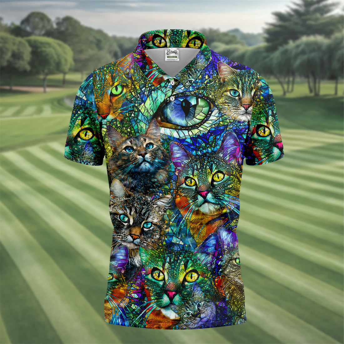 Colorful Stained Glass Cat Art Golf Polo Shirt, Men's Golf Shirt, Golf Polo Shirts For Men
