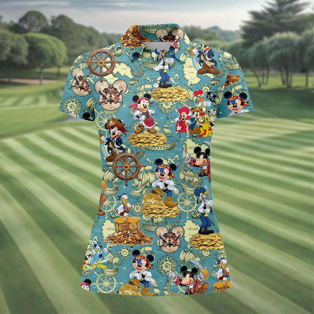 Pirate Mickey Treasure Map Golf Polo Shirt, Women’s Golf Apparel, Golf Shirts For Women