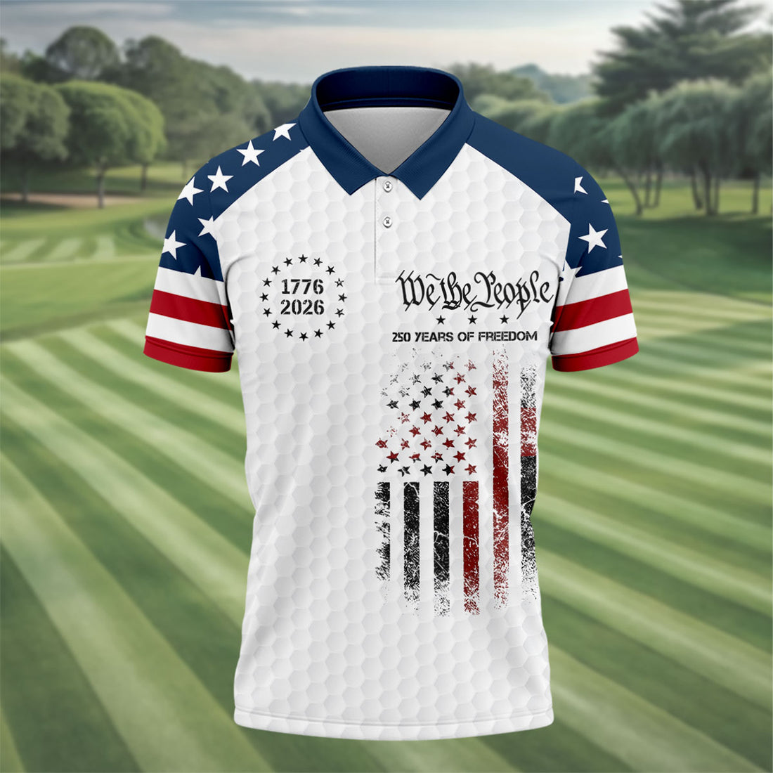 We The People 250 Years Of Freedom Distressed Flag Patriotic 4th Of July Golf Shirts For Men