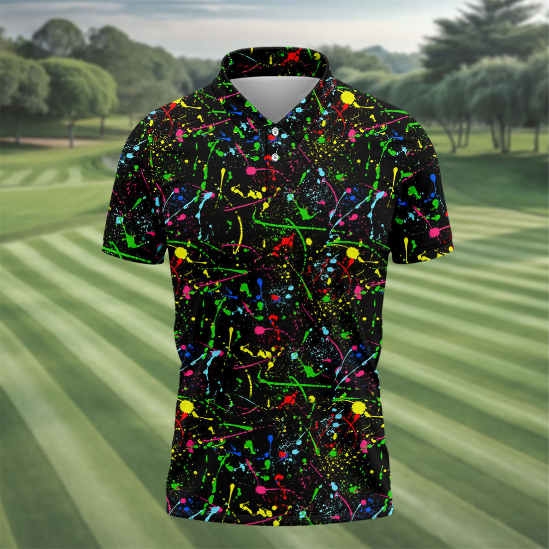 Black Neon Paint Splatter Golf Shirt, Men's Golf Shirt, Golf Apparel For Men