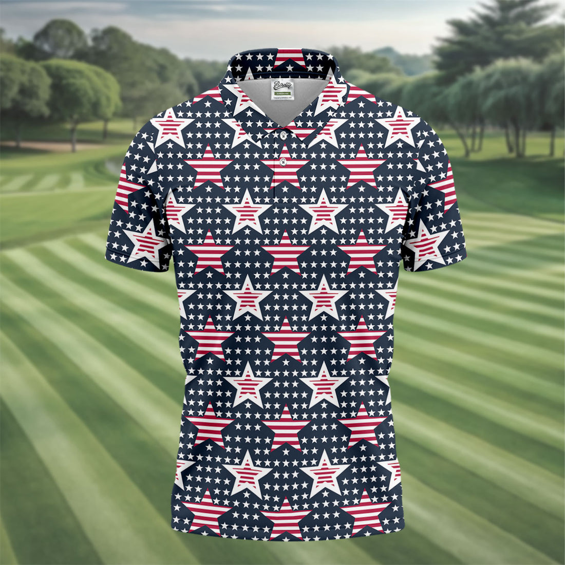 Red And White Stripe Stars Seamless Pattern 250th Anniversary Golf Shirts For Men, Patriotic Golf Shirt