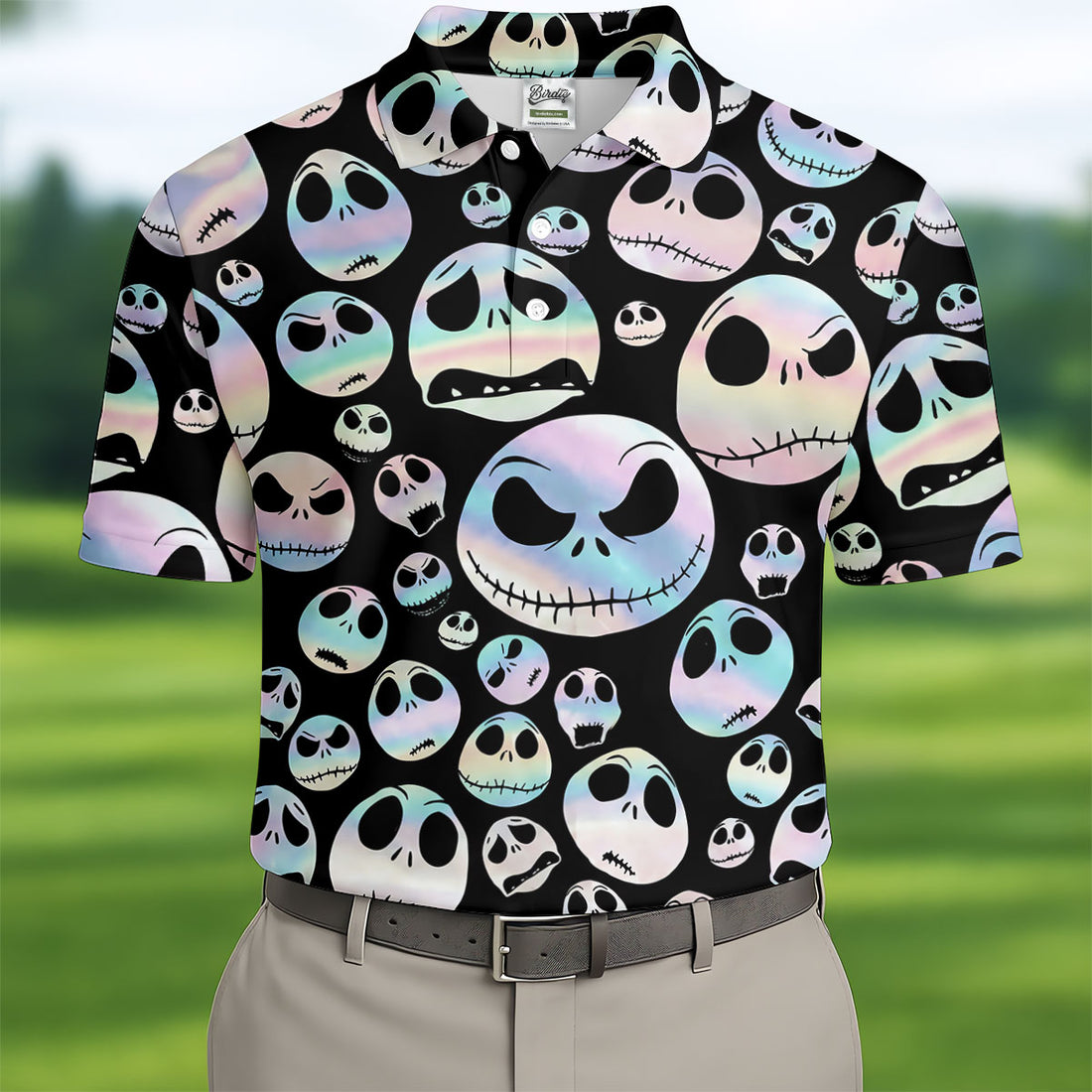 Black Horror Character Skull Face Pattern Golf Polo Shirt, Mens Golf Polo, Printed Golf Shirts