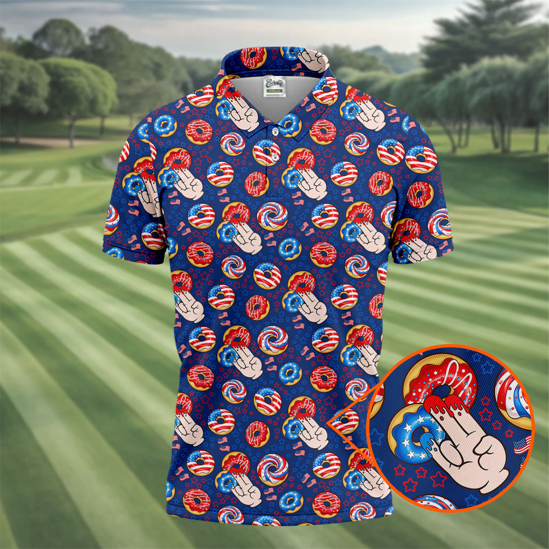 Donut Finger Funny Dirty American Flag Pattern Blue Golf Shirts For Men, 250th Anniversary Patriotic Golf Shirt