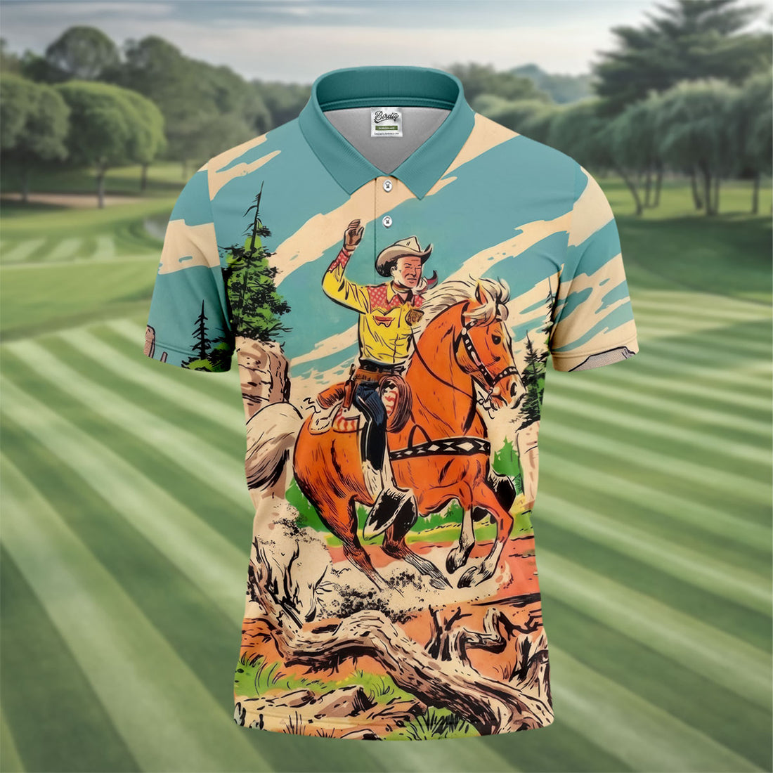 Vintage Cowboy Horse Riding Golf Polo Shirt, Mens Golf Polo, Golf Apparel For Men