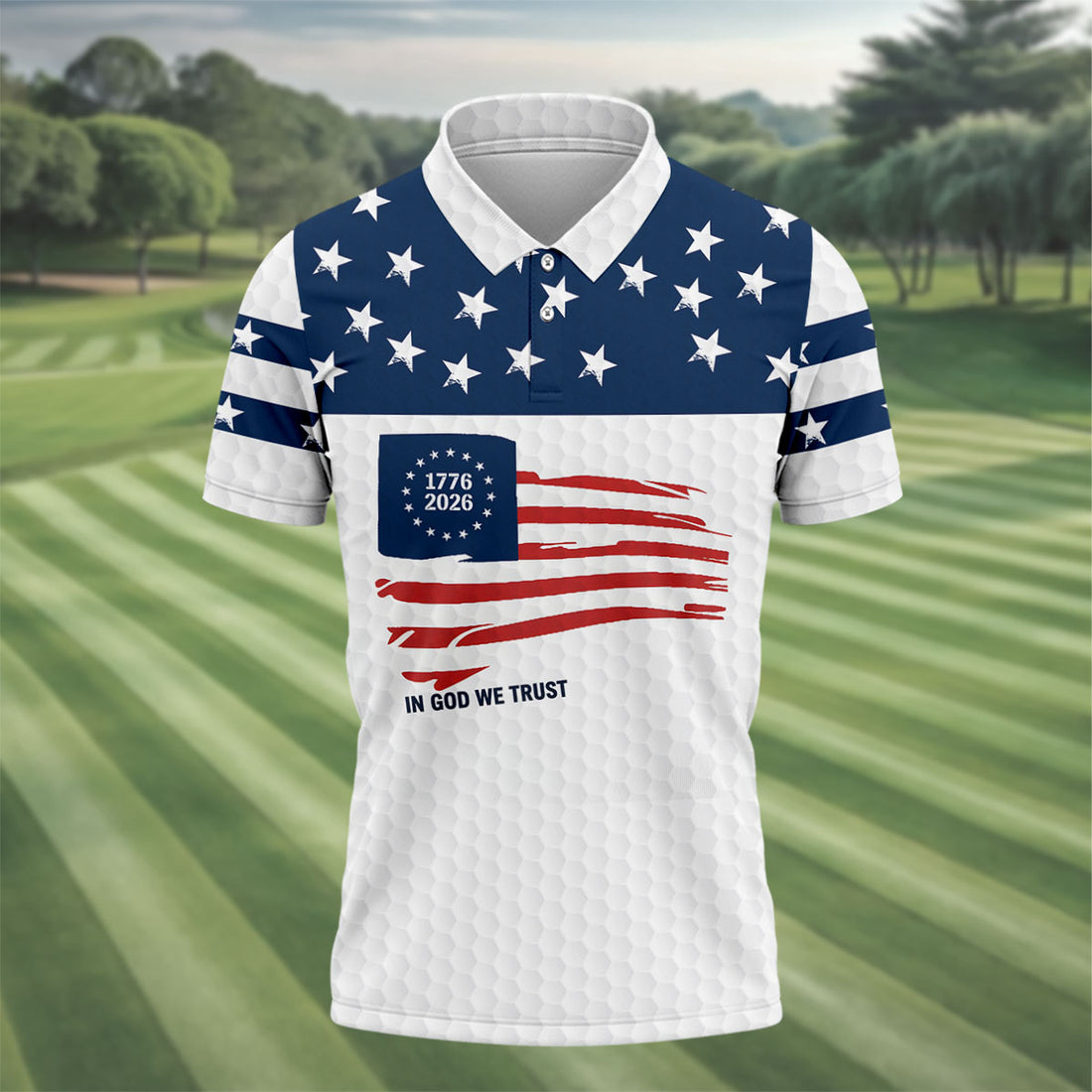 In God We Trust Golf Ball Pattern US Flag Golf Shirt, 250 Years 4th Of July Golf Shirts For Men