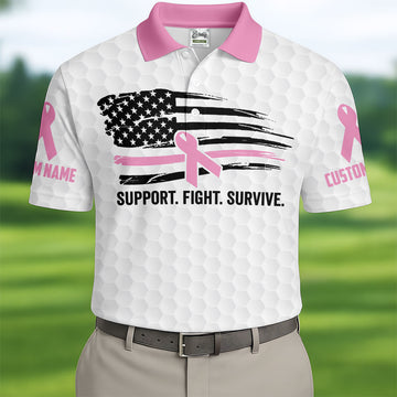 Custom Support Fight Survive Breast Cancer Polo Shirt, Men's Golf Shirt, Mens Golf Apparel