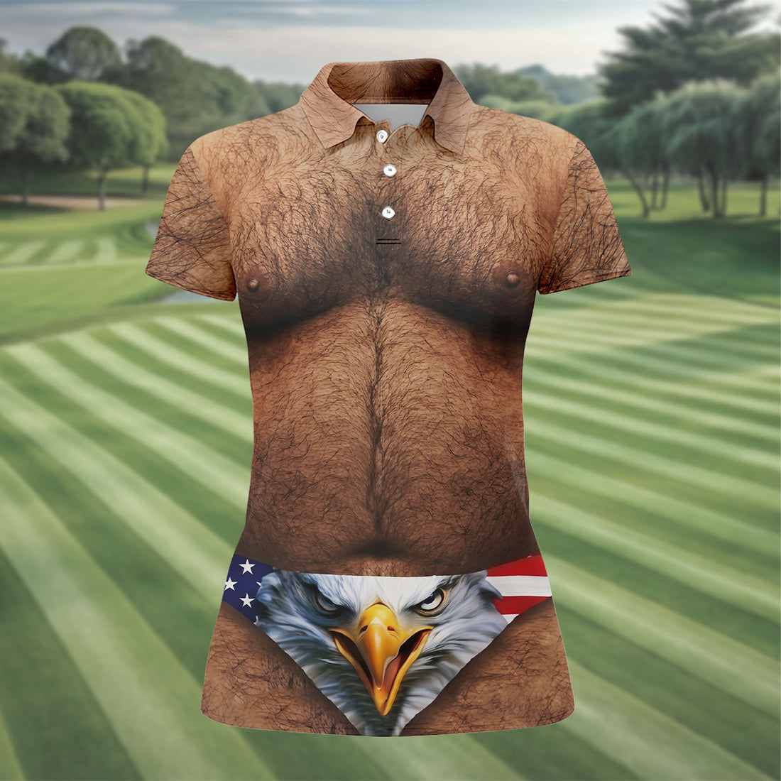 Hairy Body Funny Eagle American Flag Women Golf Shirt, 250th Anniversary 4th Of July Ladies Golf Shirt